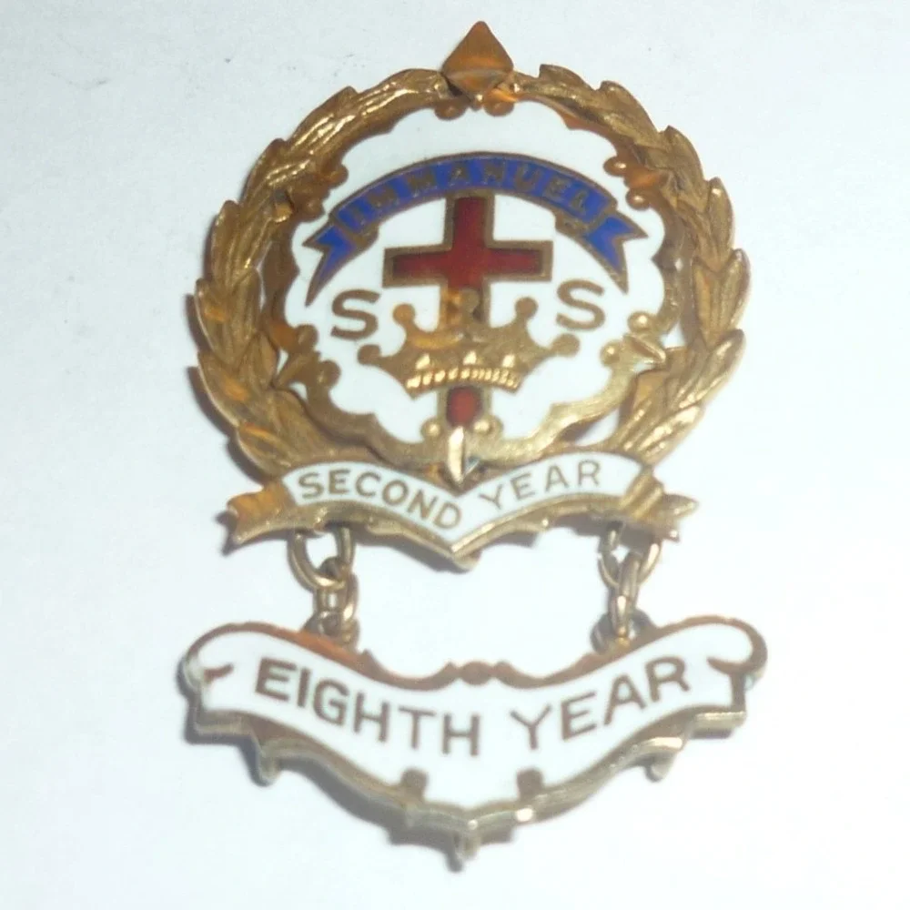 Vintage Immanuel Sunday School Pin Second & Eighth Year Enamel Cross Award